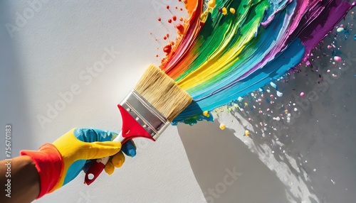 Hand with glove holding paint brush with rainbow color paint splash on white wall background © Marko