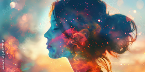 A creative portrait of a woman's profile blending into a vivid cosmic nebula, symbolizing imagination and dreams. 