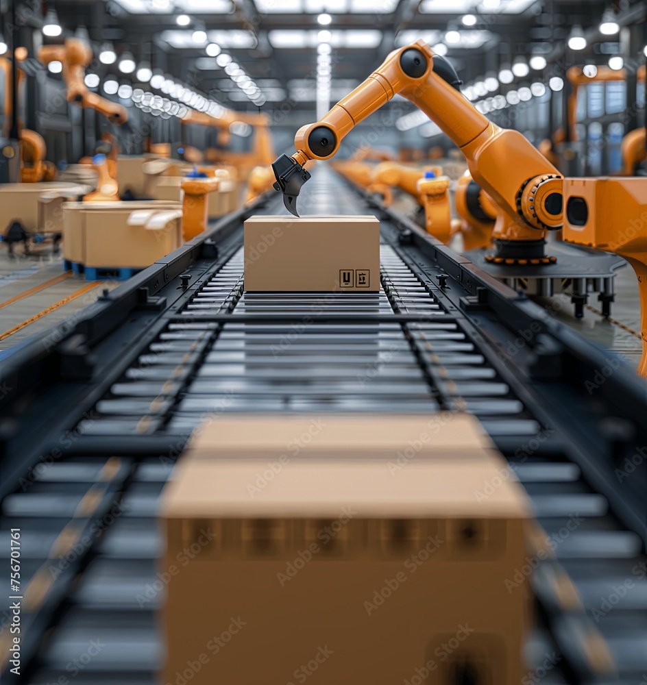 Artificial intelligence robotic arm working with cartboard boxes on conveyor belt in factory