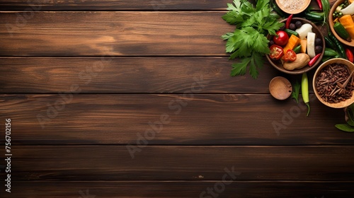 Asian food background with various ingredients on rustic stone background, top view. Vietnam or Thai cuisine