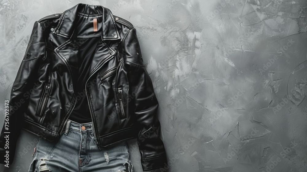 A black leather jacket hangs dramatically on a weathered wall - obrazy, fototapety, plakaty 