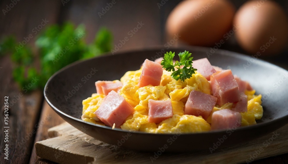 Scrambled eggs and diced ham Scrambled eggs and diced ham