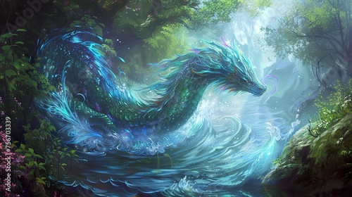 Water dragon fantasy imagination crystal blue on forest background © Damerfie