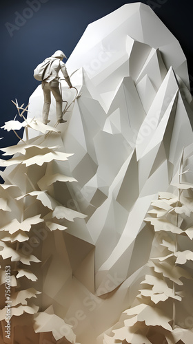 Paperstyle origami climber ona mountain, climbing a mountain paperstyle, paperstyle climber