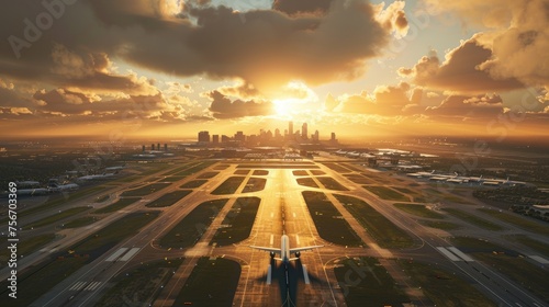 Sunset Takeoff at Busy Metropolitan Airport, airplane readies for takeoff at a bustling airport against the stunning backdrop of a golden sunset and urban skyline © Viktorikus