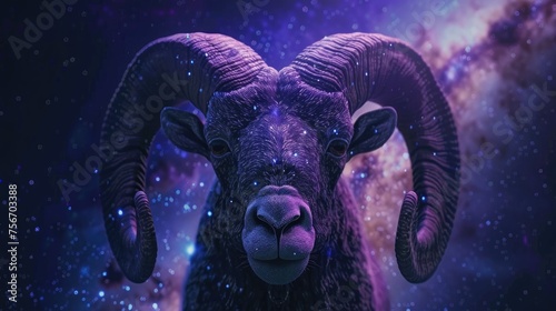 Aries Sign Amidst the Stars, The majestic head of a ram emerges against the cosmic canvas of the Milky Way, symbolizing the Aries zodiac sign