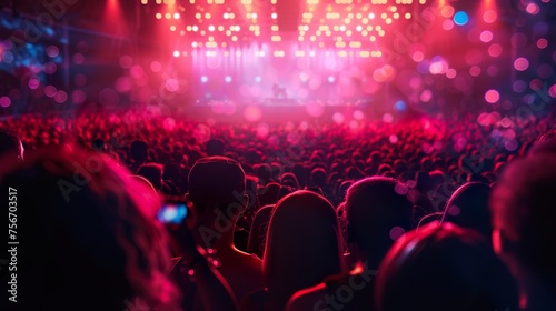 A crowded concert hall with scene stage lights , rock show performance, with people silhouette, on dance floor air during a concert festival © Damerfie