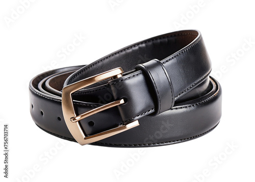 Black leather belt isolated on a transparent background. Leather belt with a buckle.