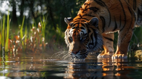 Thirsty Tiger at Dusk, Majestic Bengal tiger quenches its thirst in a tranquil forest pool as the evening light glistens through the foliage