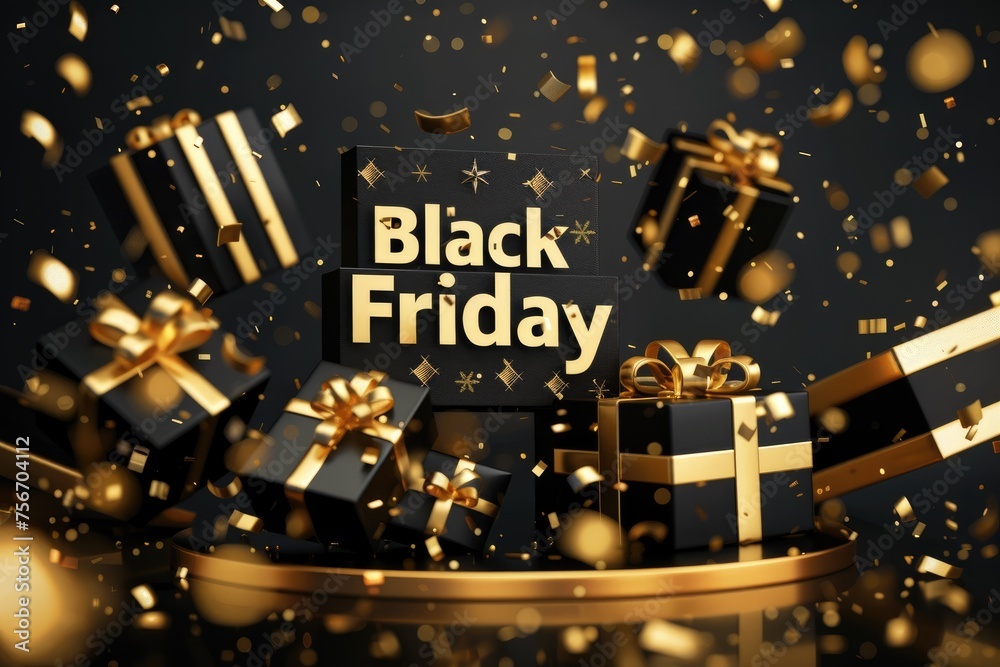 Black Friday banner background with a podium platform, black and gold stuff on a dark scene for product stand