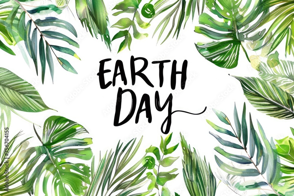 Earth day written amid green tropical leaves in watercolor style - obrazy, fototapety, plakaty 
