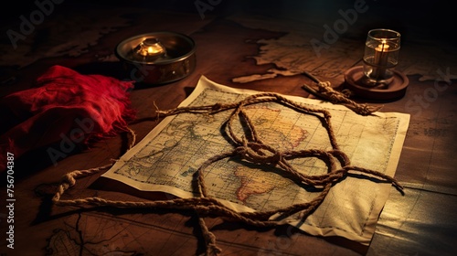 An American flag and a coiled rope placed upon a treasure map on a table in celebration of Columbus Day