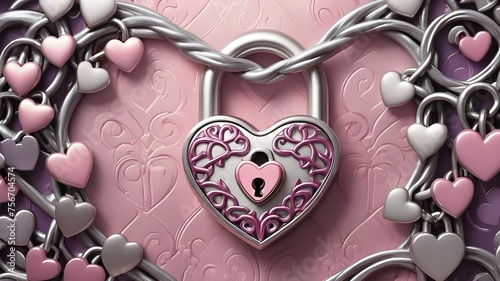 Luxurious silver-toned pink heart shaped lock with a key hole.  Valentine's day, Lover’s day concept. Symbolic romantic concept. Concept Padlocks Love forever. Finding and protecting love. 