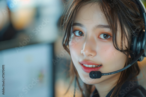 Close-up of the mouth of a Japanese customer service businesswoman who is talking while looking at a computer screen and wearing a headset. A bright and simple office.