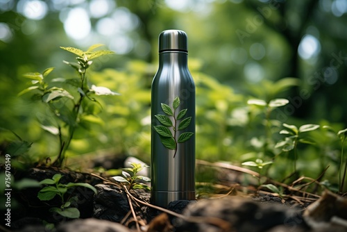 A stainless steel water bottle featuring a green leaf design on its exterior, showcasing a blend of functionality and nature-inspired aesthetics.