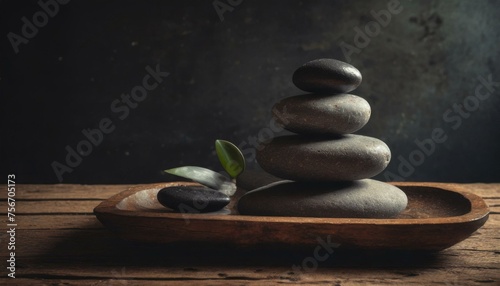 A stack of spa stones is neatly placed on top of a wooden table tray, set against a dark backdrop. The rocks are balanced atop each other, creating a visually interesting composition  photo