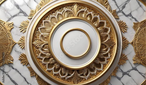 background, model of ceiling decoration with 3d wallpaper. decorative frame on gold marble luxurious background and mandala