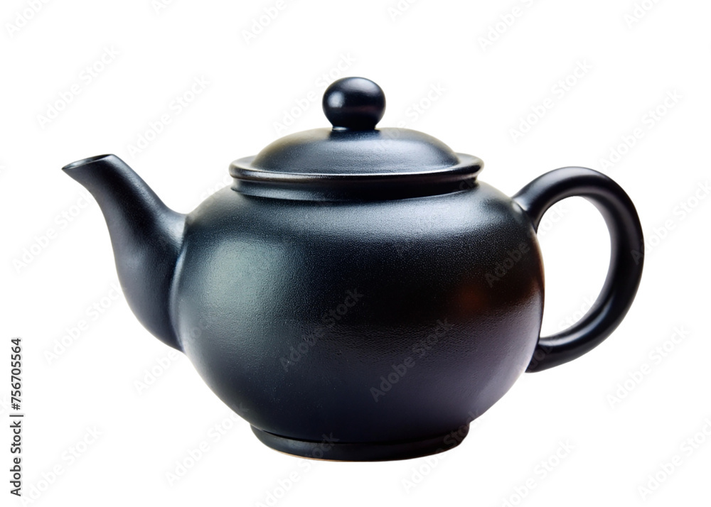 Black ceramic teapot isolated on transparent background.
