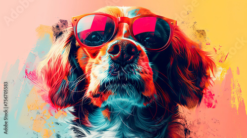 Cartoon colorful dog with sunglasses on colored light background