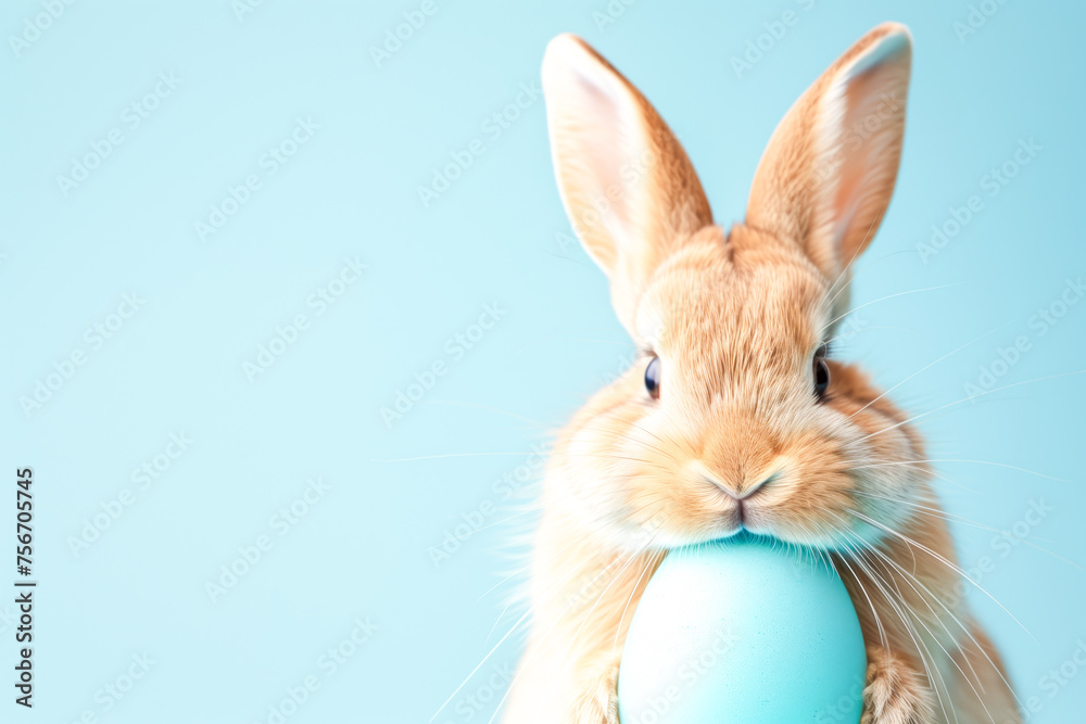 Obraz premium Easter bunny rabbit with blue painted egg on blue background. Easter holiday concept.