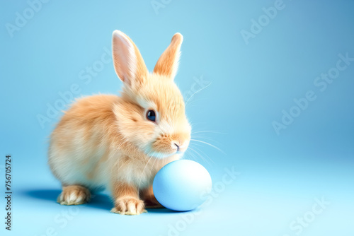 Easter bunny rabbit with blue painted egg on blue background. Easter holiday concept. © Mayava