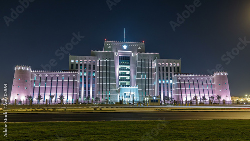 The Ministry of Interior in Doha night timelapse. Doha, Qatar, Middle East photo