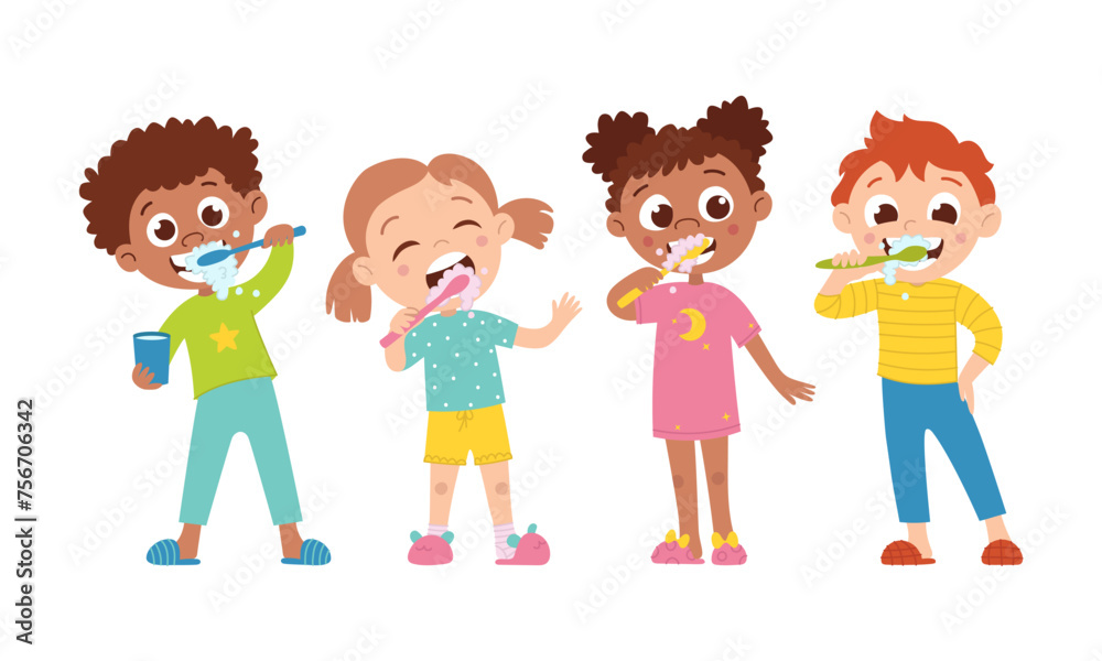 Set of international boys and girls. Children and hygiene. A child brushes his teeth. Vector flat cartoon illustration Set of international boys and girls. Children and hygiene. A child brushes his teeth. Vector flat cartoon illustration