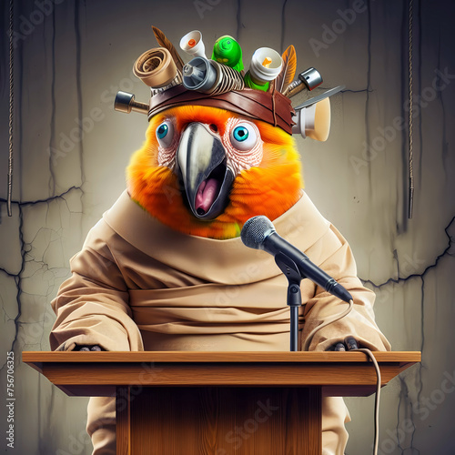 mad parrot speaks from the podium