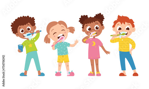 Set of international boys and girls. Children and hygiene. A child brushes his teeth. Vector flat cartoon illustration