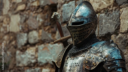 A detailed close-up of a person clad in a suit of armor, showcasing intricate design and protective elements