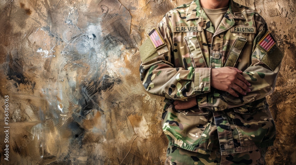 A man in military uniform stands proudly in front of a wall