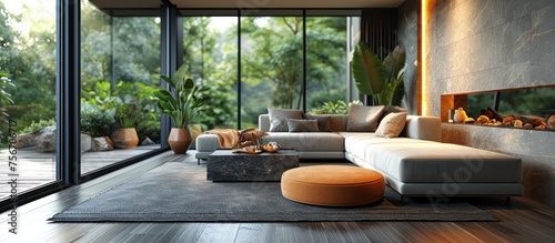 Living room interior with stone sofa and dark gray hardwood