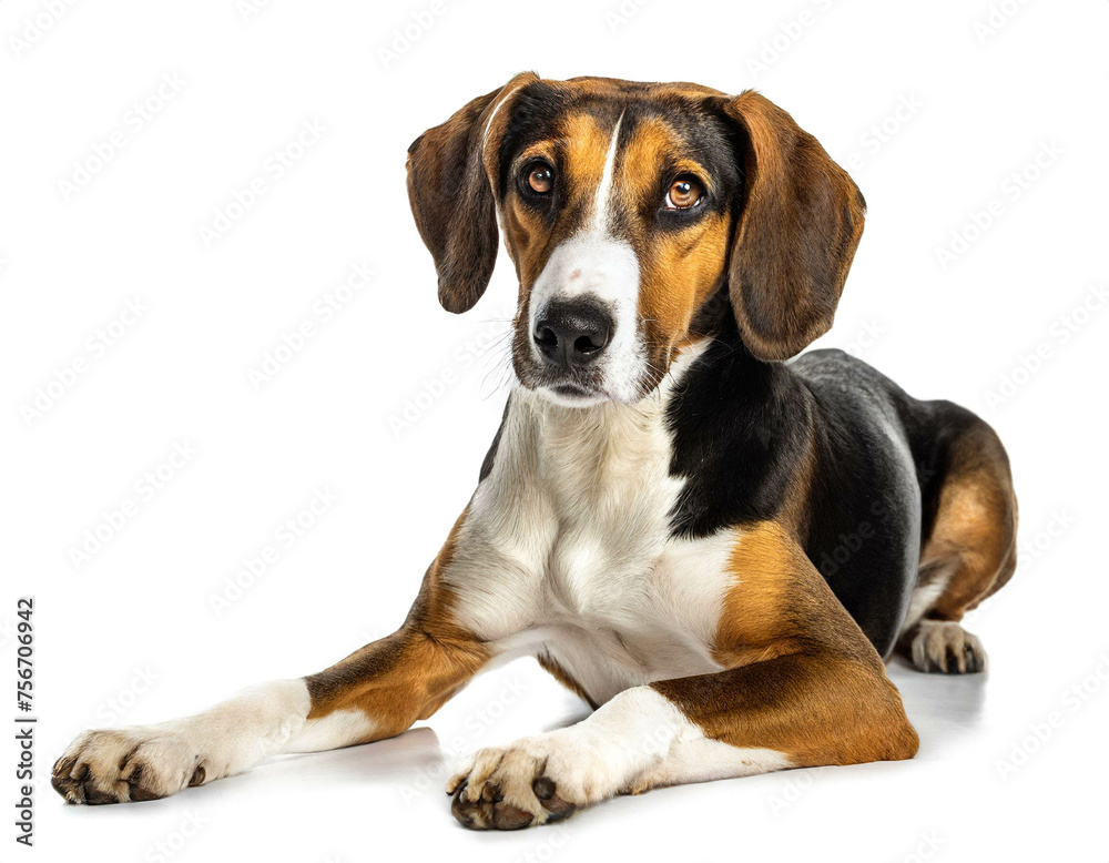 American foxhound liegend isoliert auf weißen Hintergrund, Freisteller