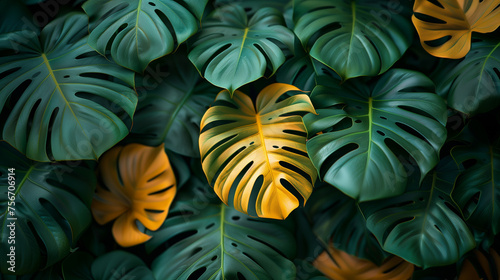 A background of green and yellow monstera leaves
