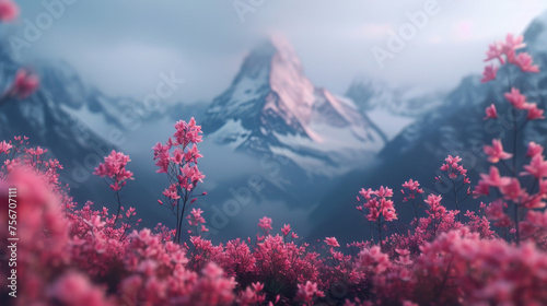 Suspended Triangular Mountain over Terrain, Red and Pink Accents photo