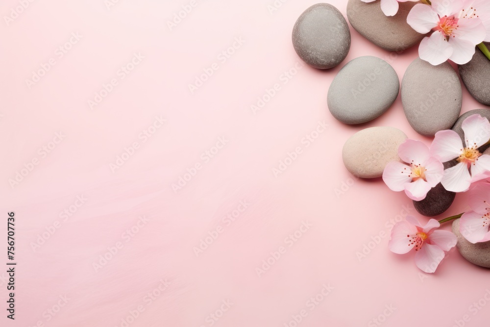 Top view of white flowers with smooth pebbles on pink background. Copy space, spa concept Top view of white flowers with smooth pebbles on pink background. Copy space, spa concept