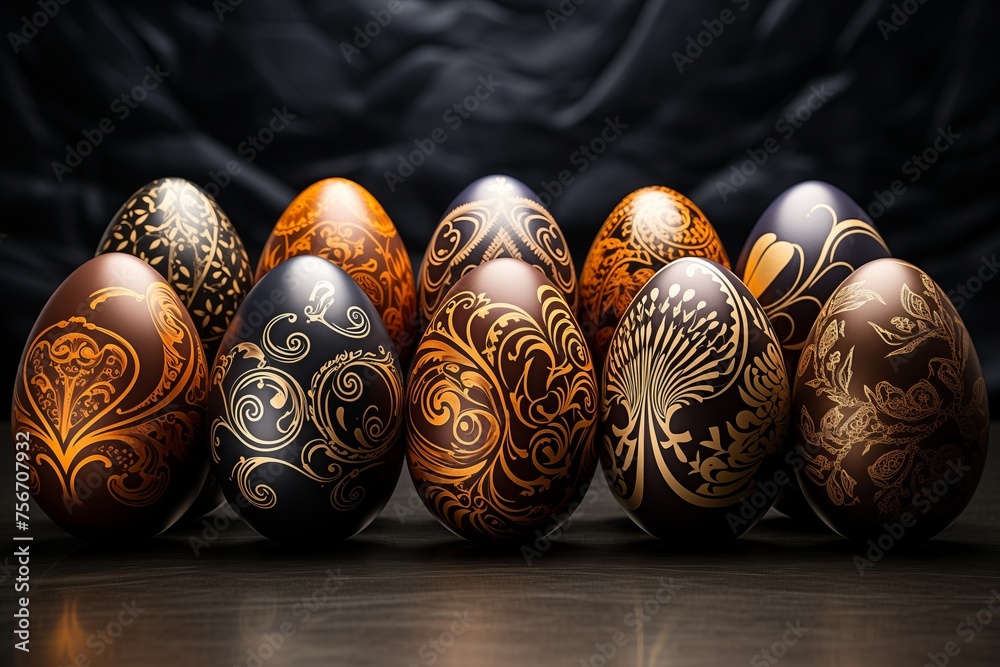 A group of colorful easter eggs sitting next to each other in a neat row. A group of colorful easter eggs sitting next to each other in a neat row.