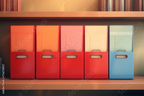 Multiple file cabinets neatly lined up on a wooden shelf in an office setting.
