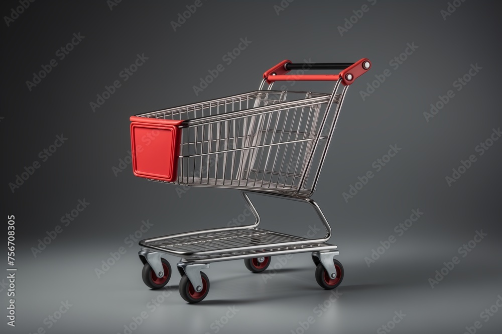 A shopping cart with a distinctive red handle parked on a gray background.