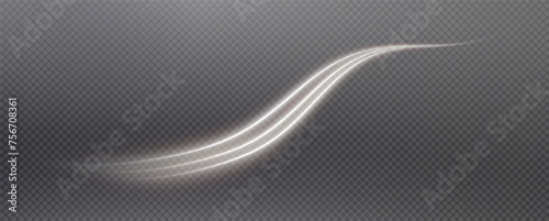 Vector png background with white glowing lines. White glowing lines of speed. Light glow effect. Light trail wave, fire trail line and glow curve swirl.