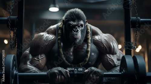 Gorilla Working Out in Gym with Heavy Weights


