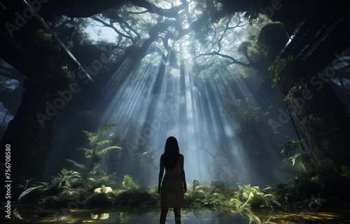 A woman standing in the center of a dense forest surrounded by tall trees and green foliage.
