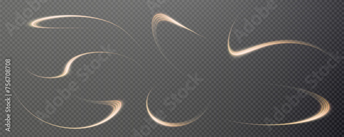 Vector png background with gold glowing lines. Gold glowing lines of speed. Light glow effect. Light trail wave, fire trail line and glow curve swirl.	
