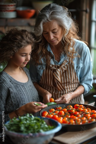 Granddaughter helps woman cook in bustling kitchen amidst ingredients