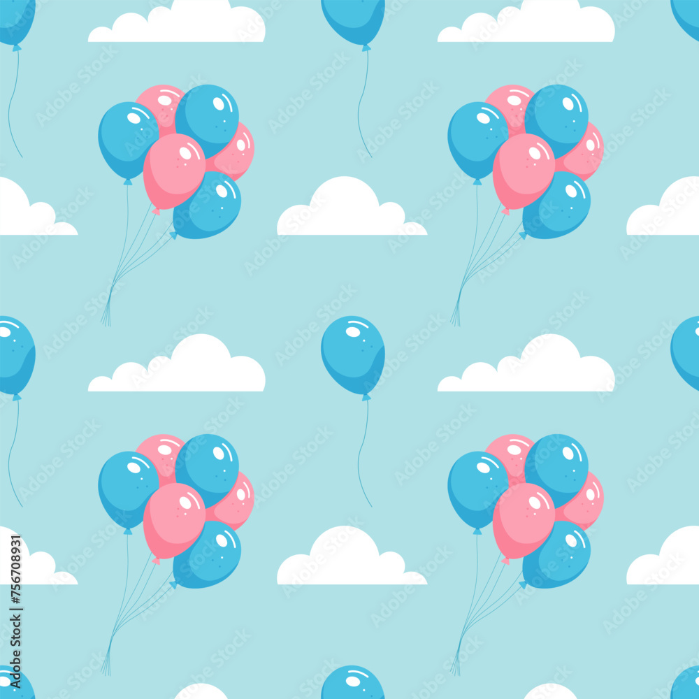 Seamless balloon pattern template. Blue and pink balloons, white clouds on a light blue background. Great for greeting cards, wrapping paper, fabric, banners, etc.