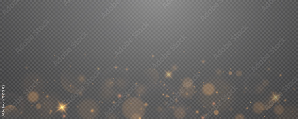 Christmas glowing bokeh confetti light and glitter texture overlay for your design. Festive sparkling gold dust png. Holiday powder dust for cards, invitations, banners, advertising. - obrazy, fototapety, plakaty 