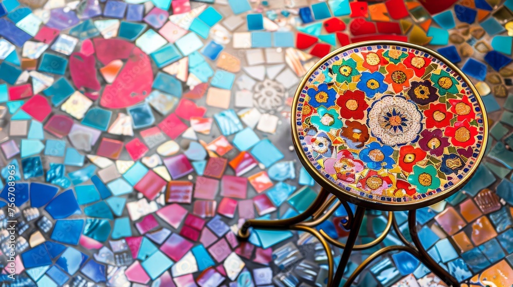 A vibrant mosaic table with a stunning glass top, showcasing a kaleidoscope of colors and patterns