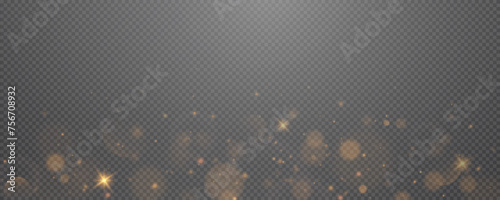 Christmas glowing bokeh confetti light and glitter texture overlay for your design. Festive sparkling gold dust png. Holiday powder dust for cards, invitations, banners, advertising.