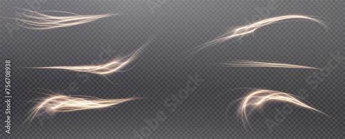 Vector png background with gold glowing lines. Gold glowing lines of speed. Light glow effect. Light trail wave, fire trail line and glow curve swirl.