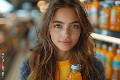 Customer holding orange juice bottle, browsing shelves in supermarket